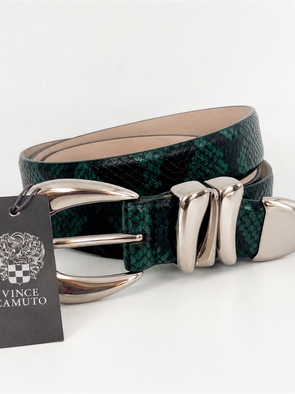 Vince Camuto Green Snakeskin-Print Leather Belt with Silver Buckle